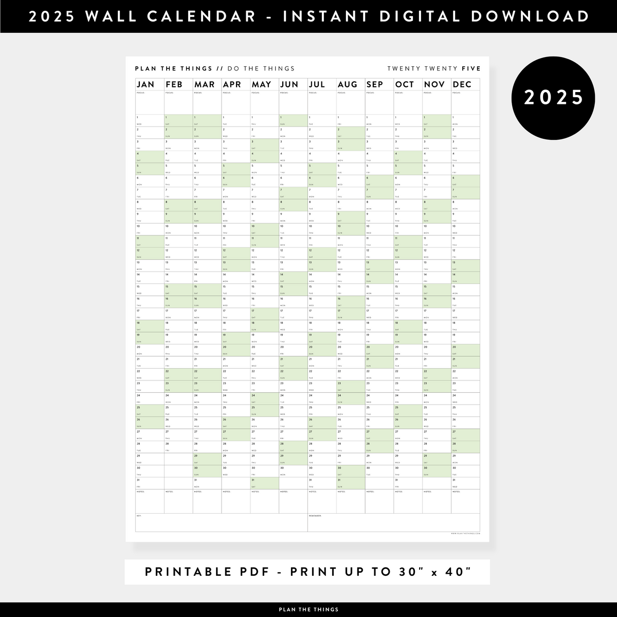 PRINTABLE VERTICAL 2025 WALL CALENDAR WITH GREEN WEEKENDS INSTANT DO