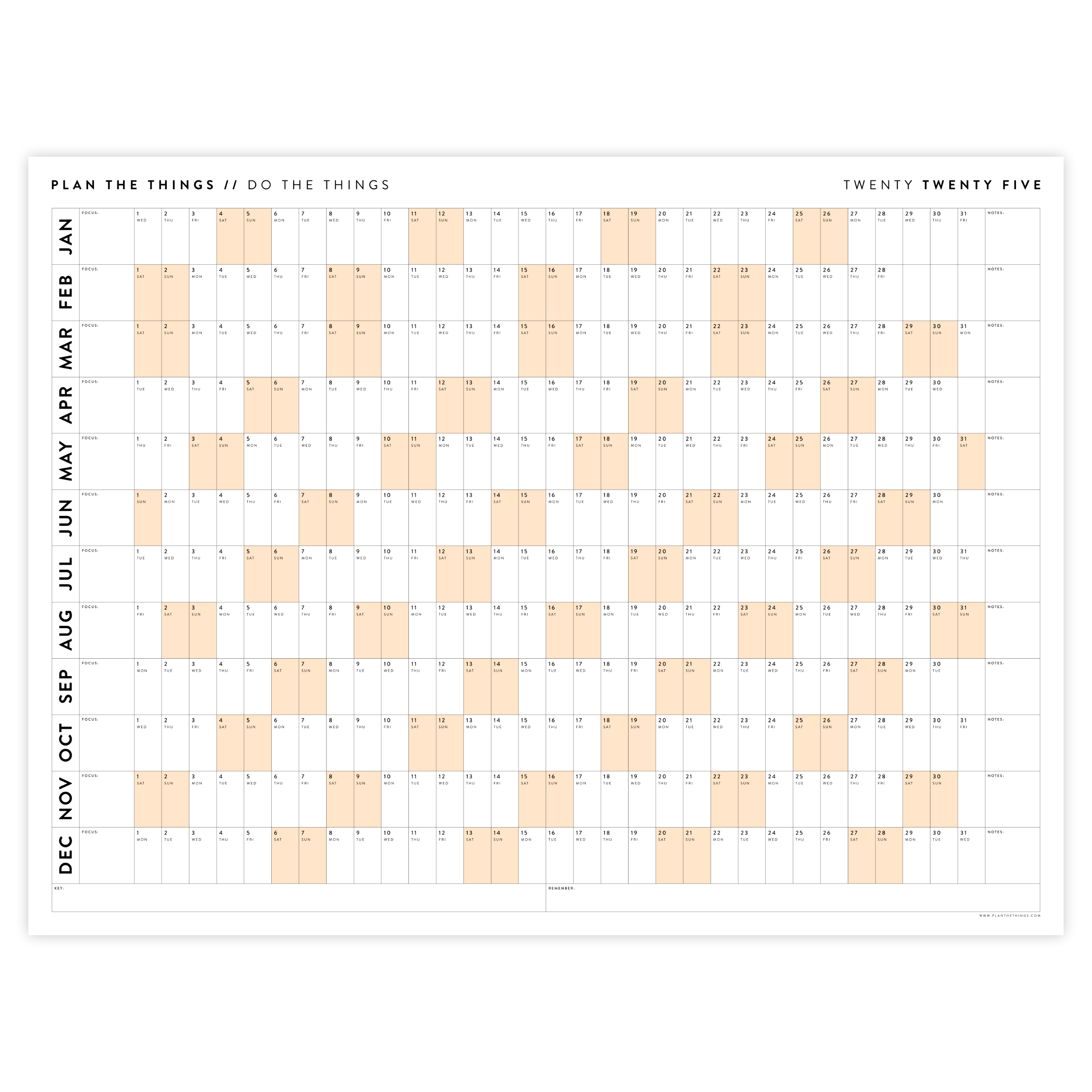 PRINTABLE 2025 HORIZONTAL WALL CALENDAR WITH ORANGE WEEKENDS INSTANT