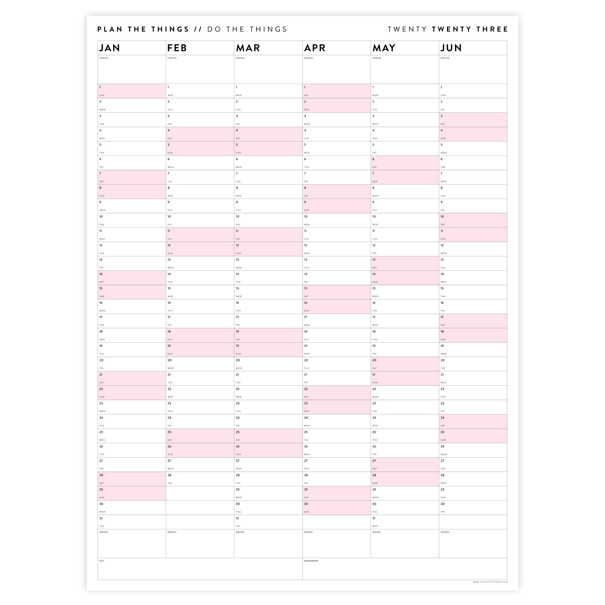 PRINTABLE SIX MONTH 2023 WALL CALENDAR SET WITH PINK WEEKENDS - INSTAN