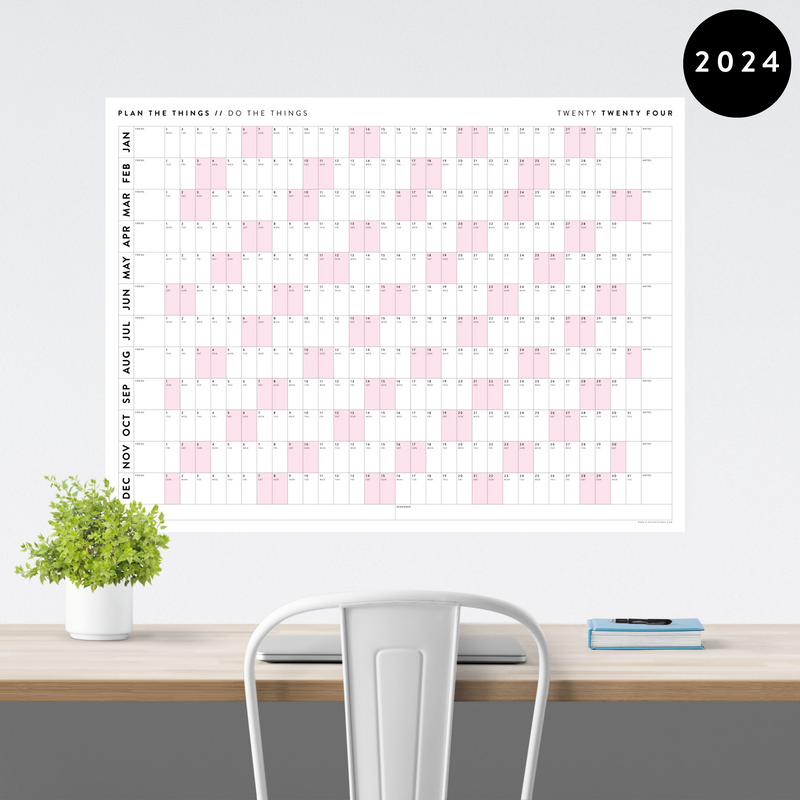 PRINTABLE HORIZONTAL 2024 WALL CALENDAR WITH PINK WEEKENDS INSTANT D