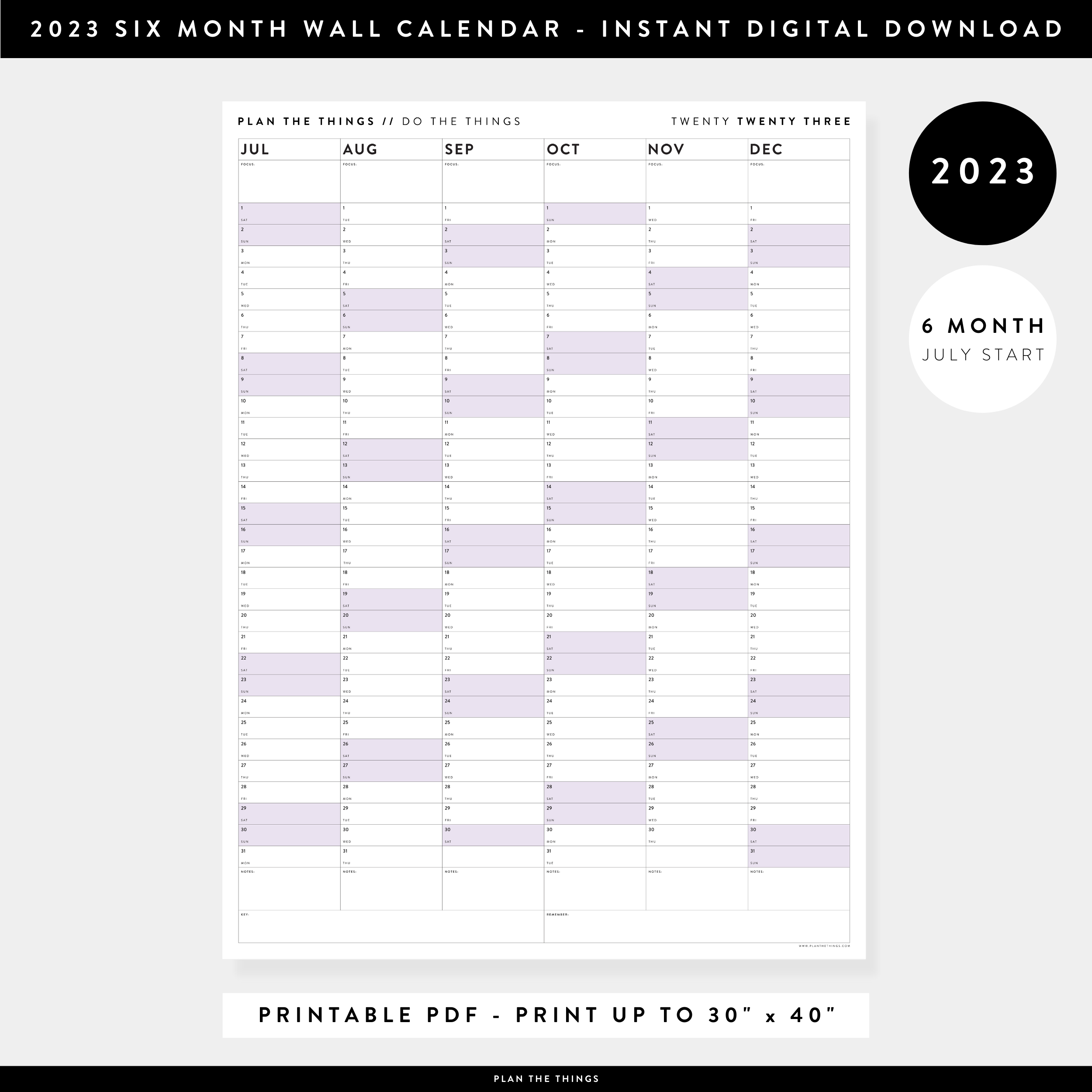 PRINTABLE 2023 SIX MONTH CALENDAR | JULY - DECEMBER // INSTANT DOWNLOA