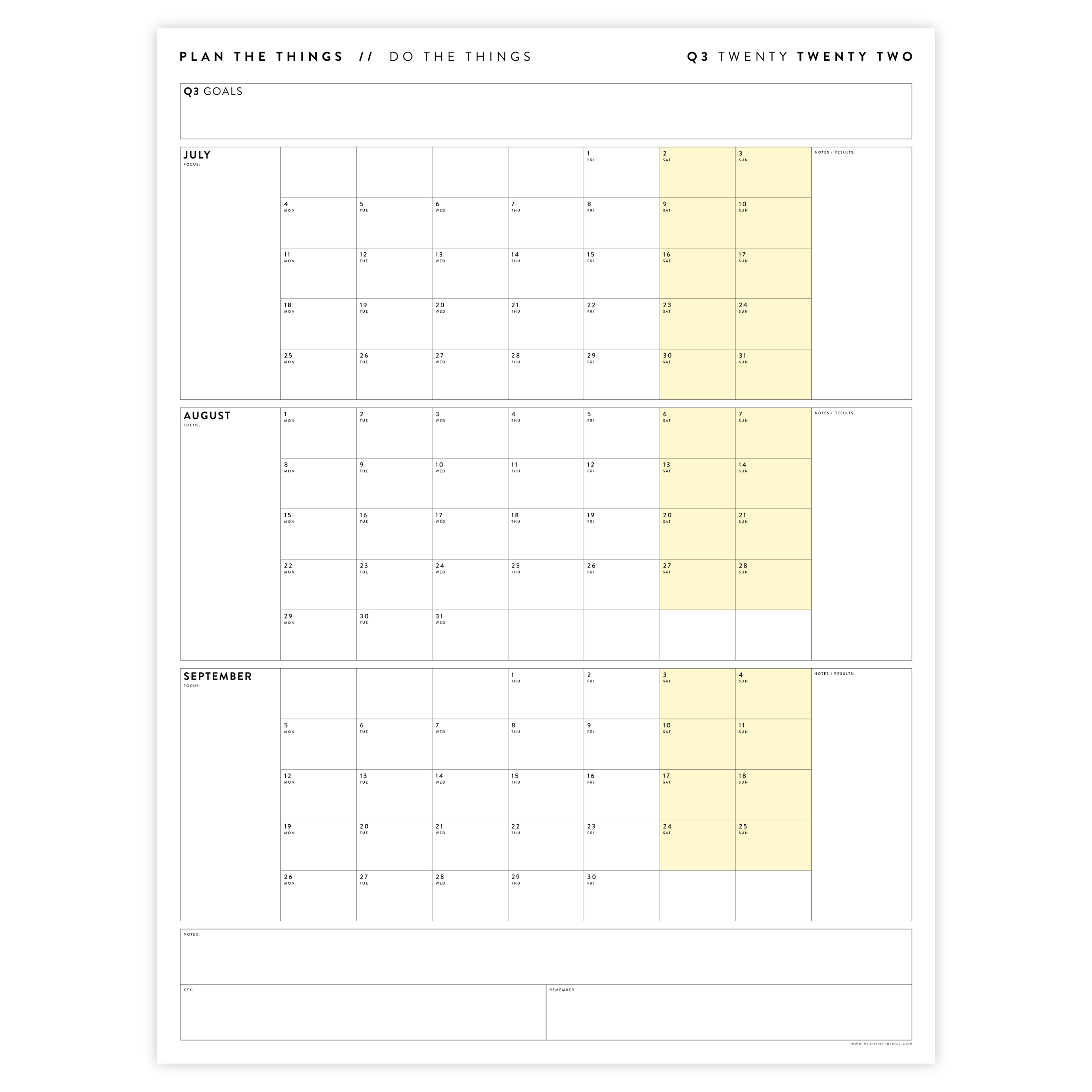 q3 2022 quarterly giant wall calendar july september 2022 yellow plan the things