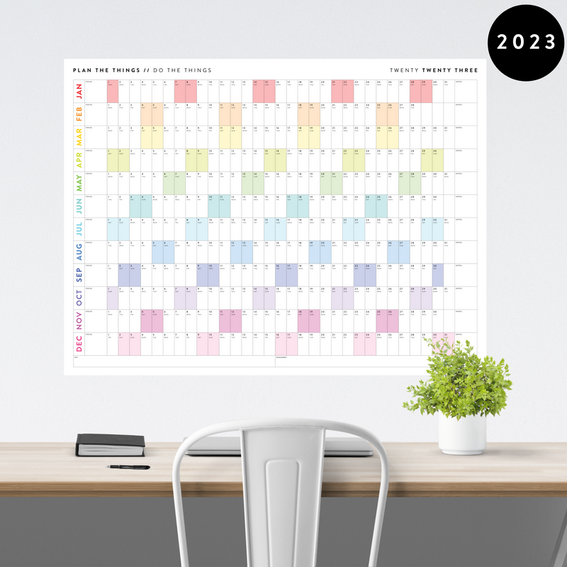 PRINTABLE HORIZONTAL 2023 WALL CALENDAR WITH RAINBOW WEEKENDS - INSTAN