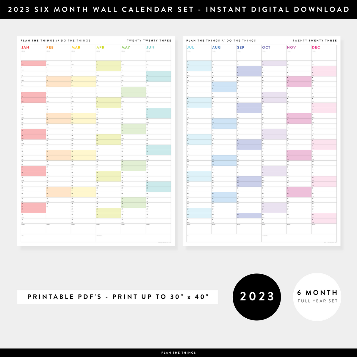 PRINTABLE 2023 SIX MONTH CALENDAR SET FULL YEAR // INSTANT DOWNLOAD