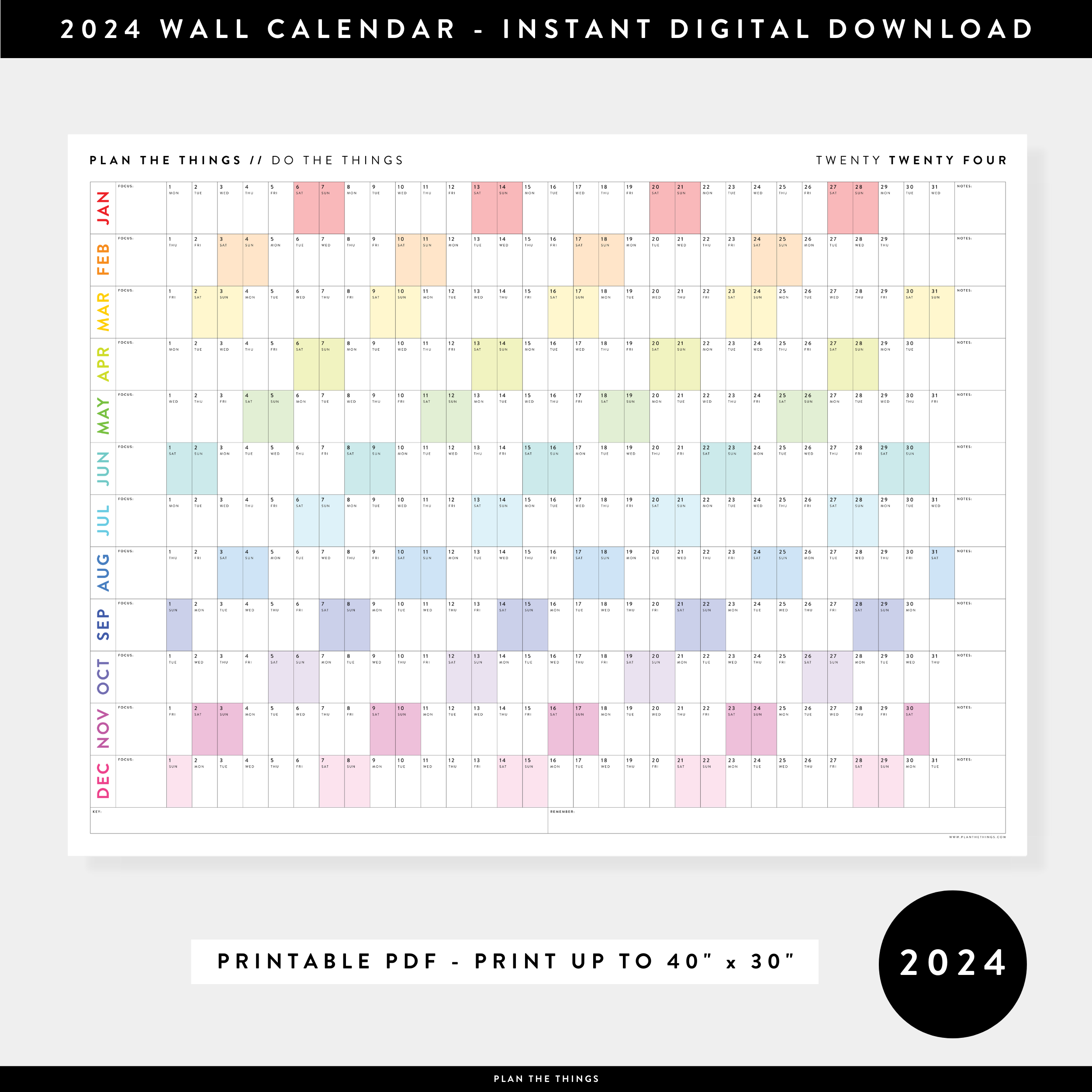 PRINTABLE 2024 ANNUAL CALENDARS INSTANT DOWNLOAD Plan The Things   RAINBOWHORIZONTAL 2024ANNUALWALLCALENDAR DIGITALDOWNLOAD PLANTHETHINGS 5000x 