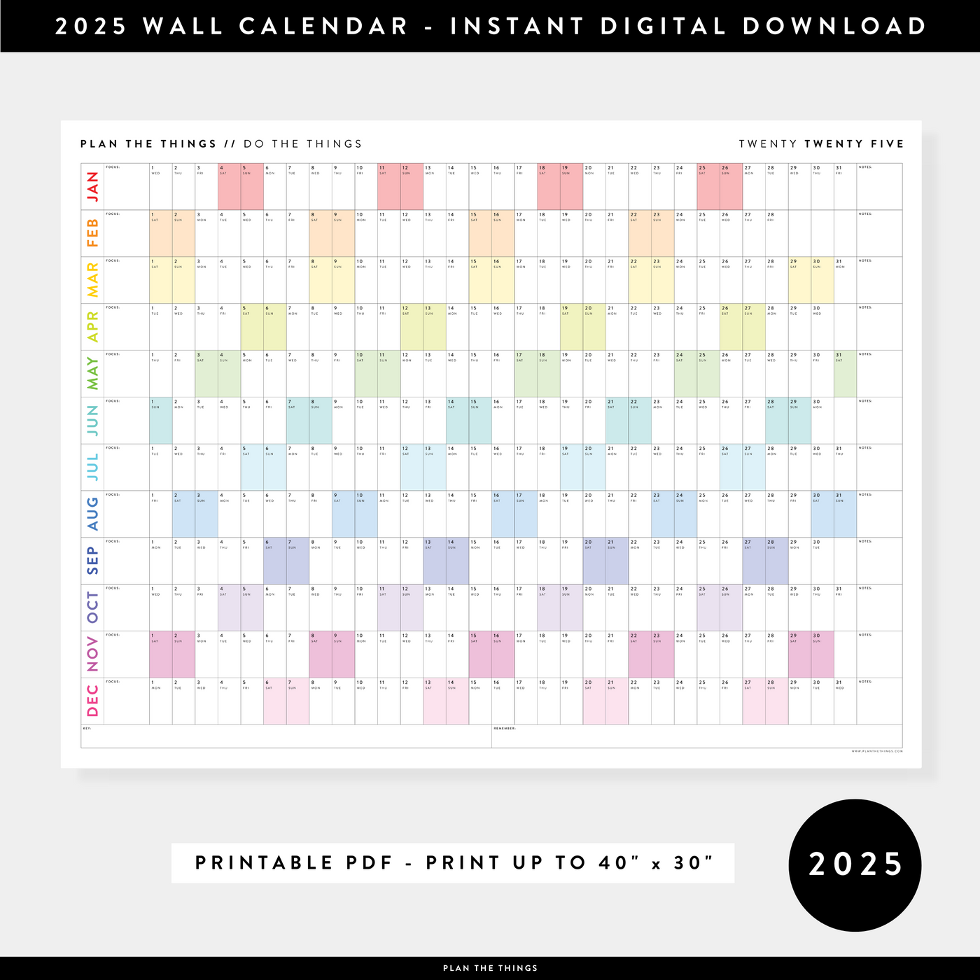 PRINTABLE 2025 ANNUAL CALENDARS // INSTANT DOWNLOAD Plan The Things