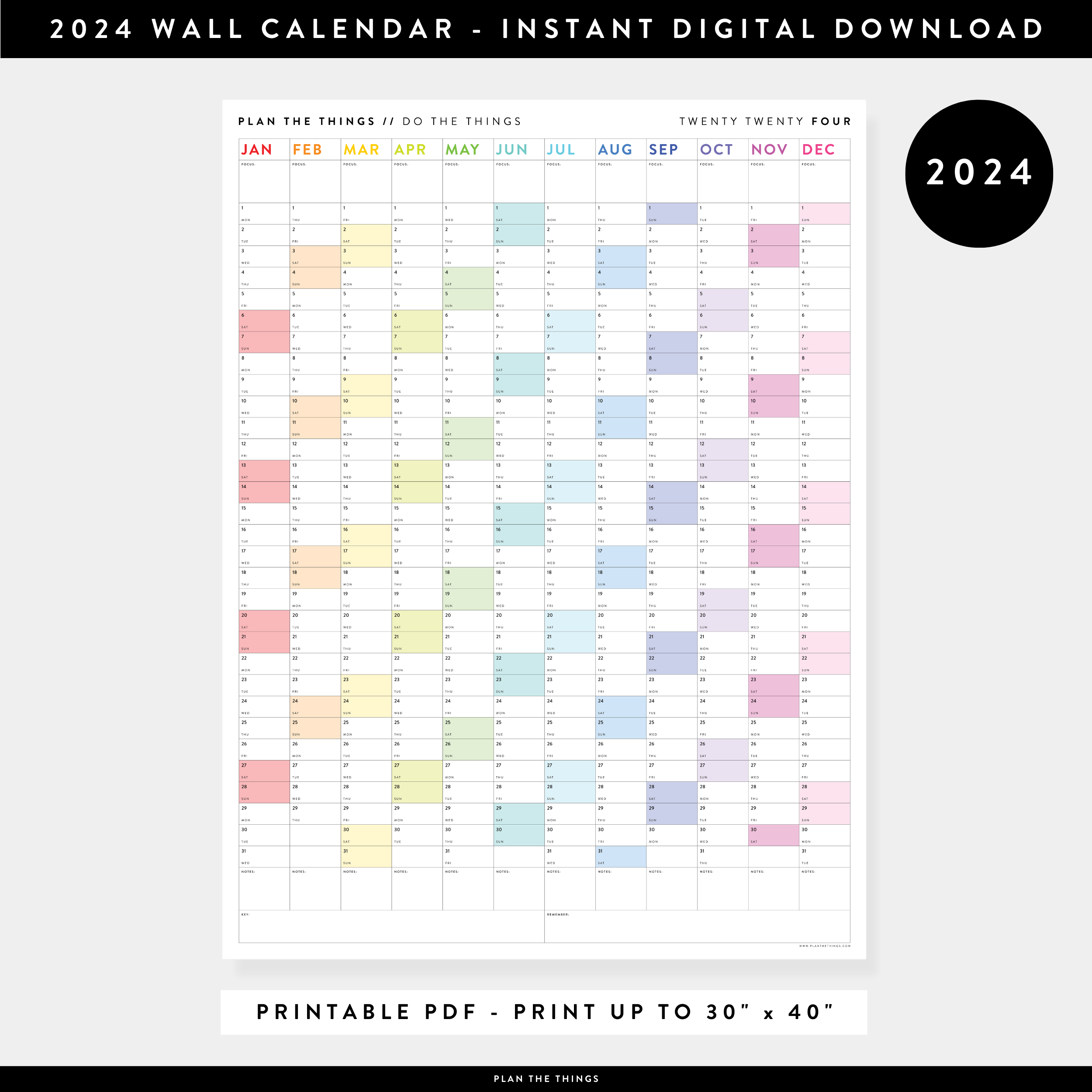 PRINTABLE VERTICAL 2024 WALL CALENDAR WITH RAINBOW WEEKENDS INSTANT