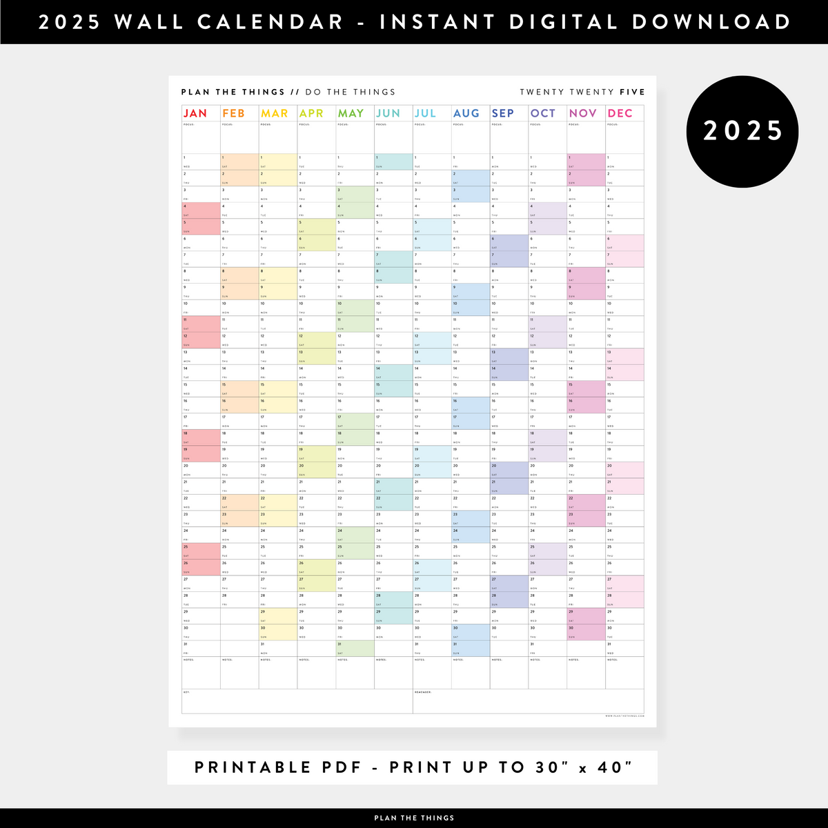 PRINTABLE VERTICAL 2025 WALL CALENDAR WITH RAINBOW WEEKENDS INSTANT