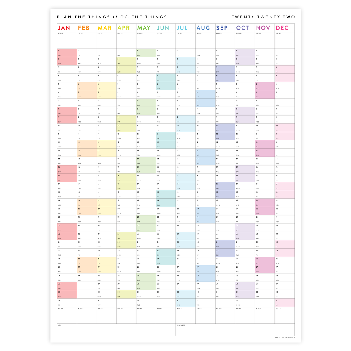 Vertical 2022 Wall Calendar With Rainbow Weekends - Plan The Things