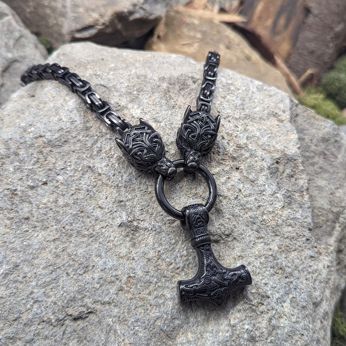 Wolf God Chain w/ Mjolnir (Black)