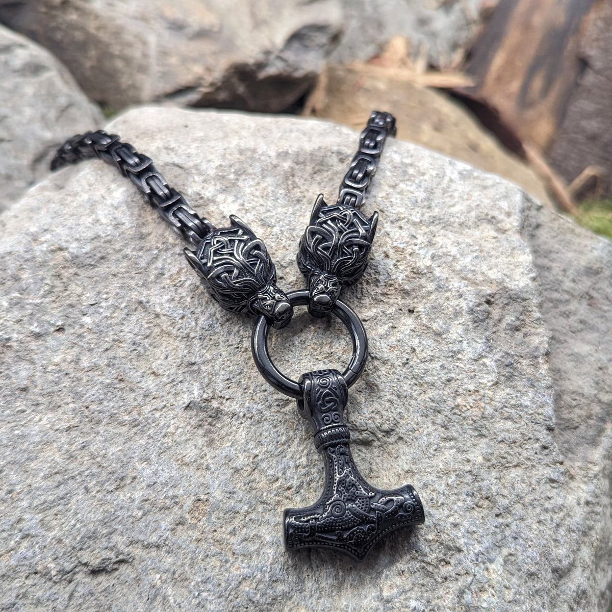 Wolf God Chain w/ Mjolnir (Black)