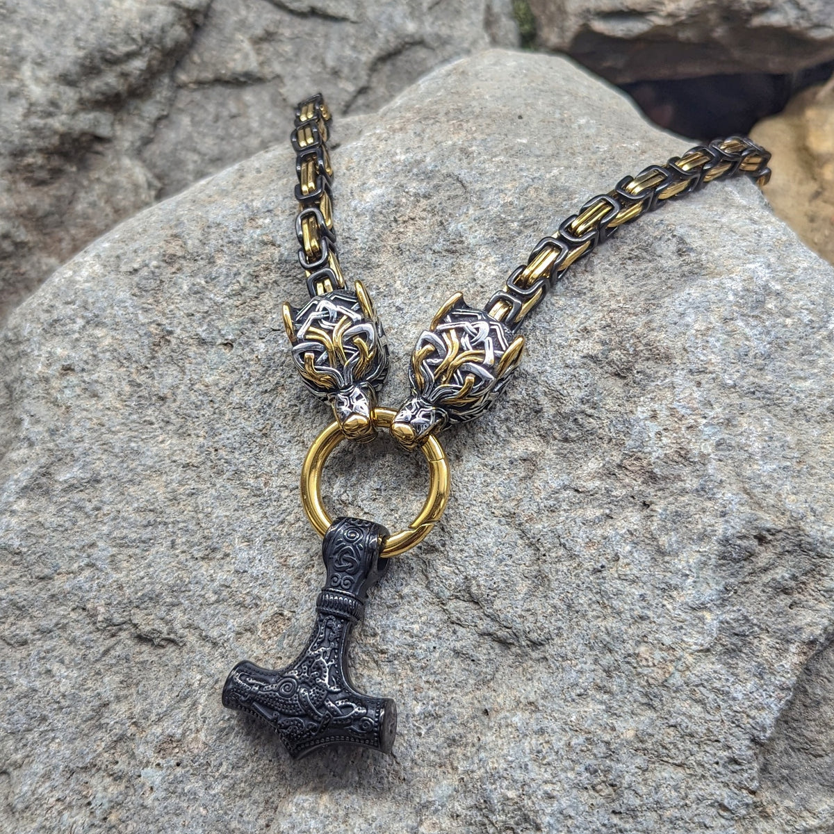 Wolf God Chain w/ Mjolnir (Black + Gold)