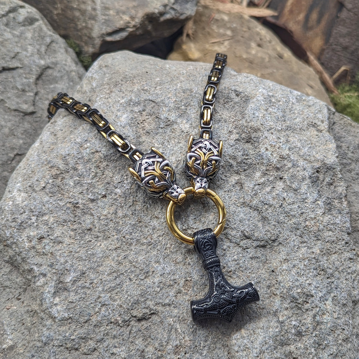 Wolf God Chain w/ Mjolnir (Black + Gold)