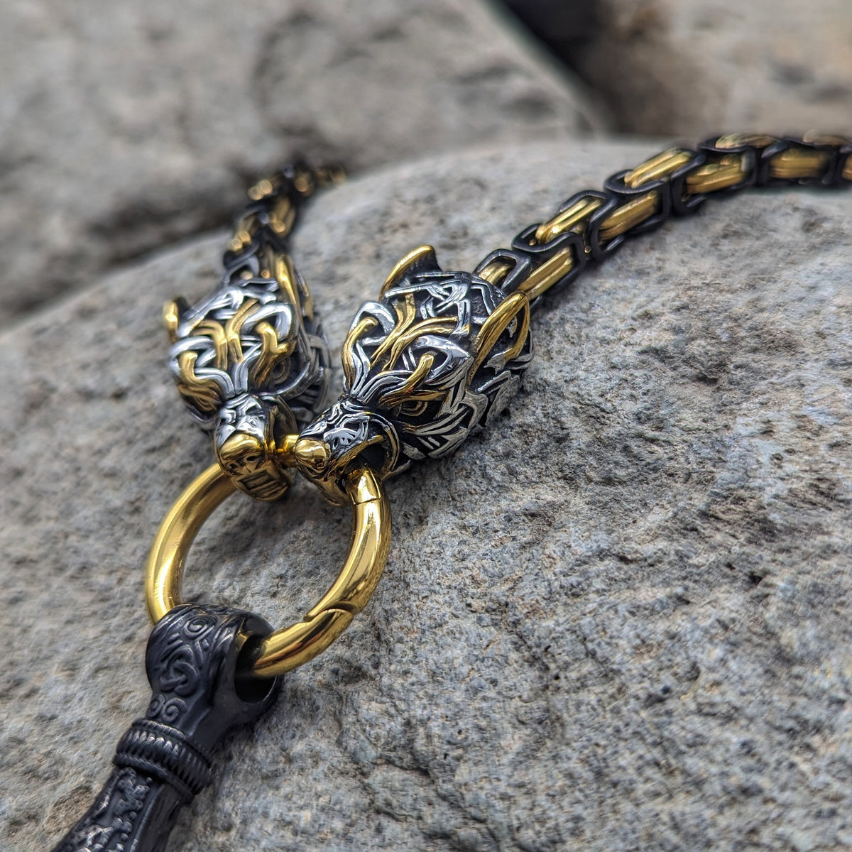 Wolf God Chain w/ Mjolnir (Black + Gold)