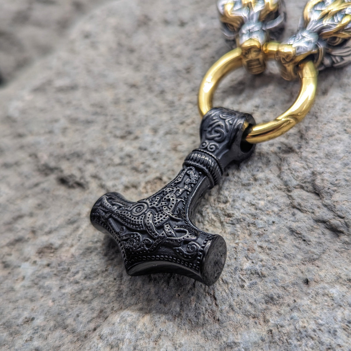 Wolf God Chain w/ Mjolnir (Black + Gold)