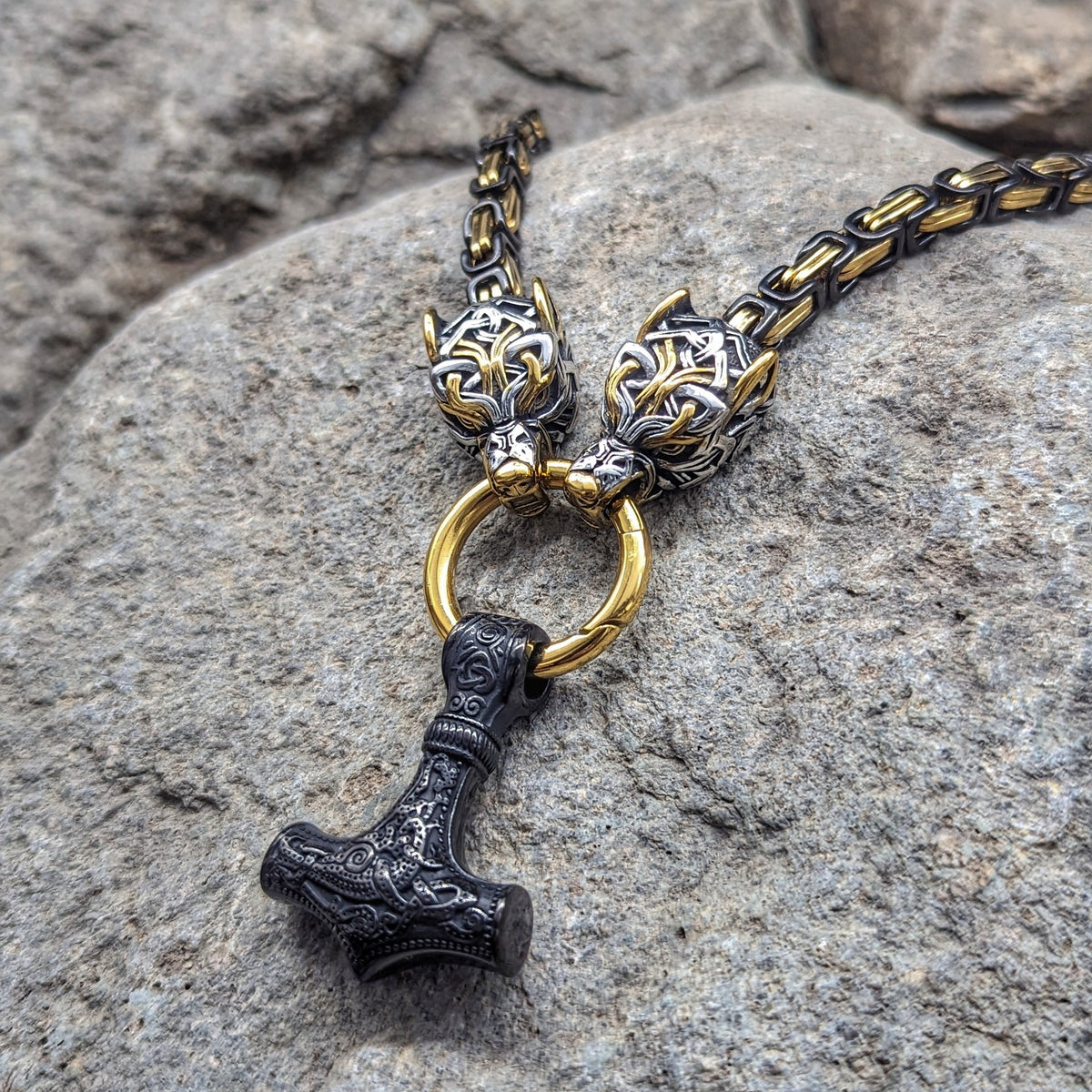 Wolf God Chain w/ Mjolnir (Black + Gold)