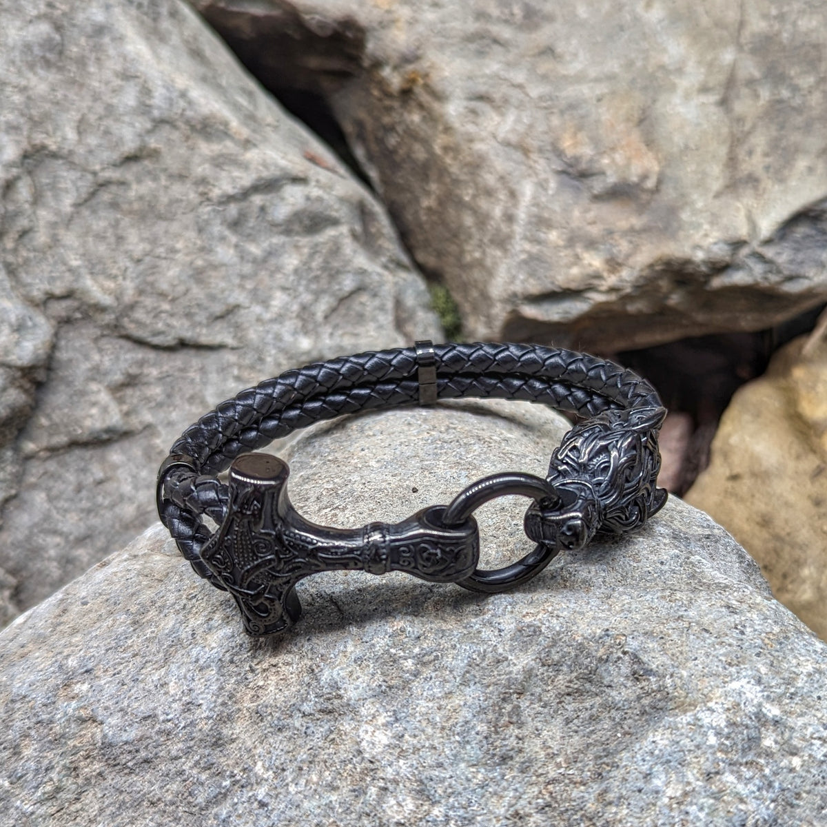 Mjolnir and Wolf Leather Bracelet