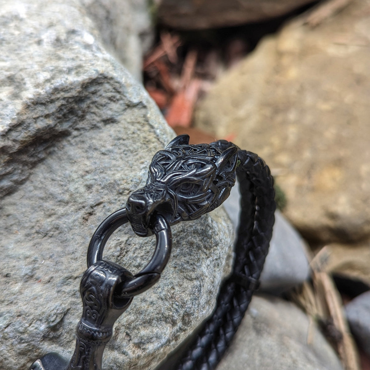 Mjolnir and Wolf Leather Bracelet