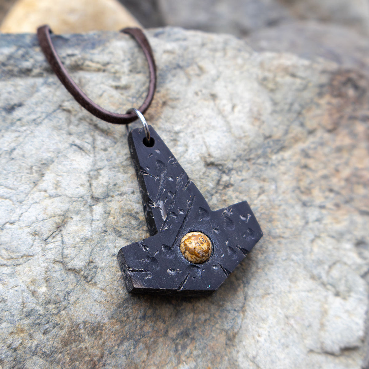 Battle Worn Buffalo Horn with Gemstone Mjölnir Pendant