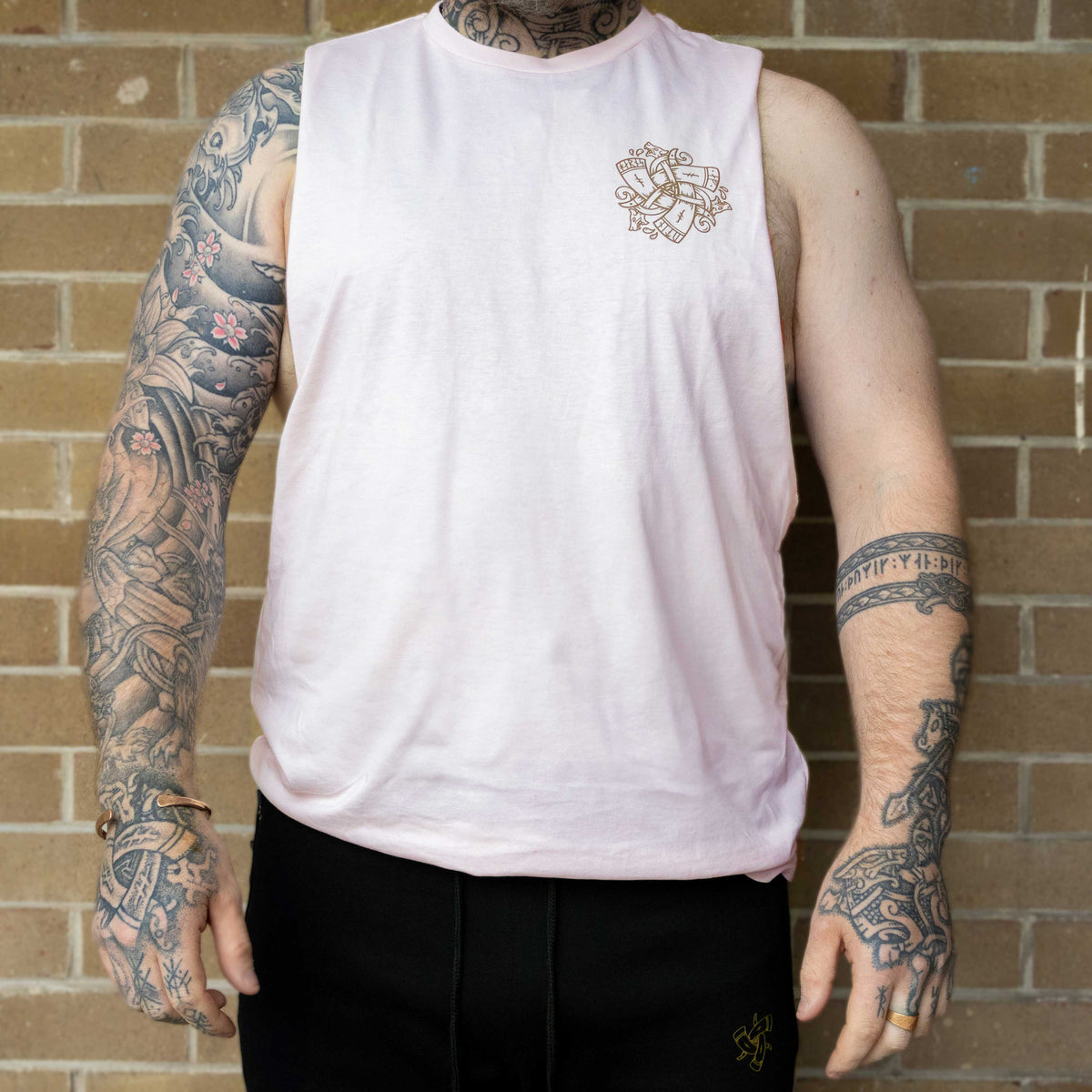 Small Horns of Odin Logo Sleeveless Tee(Pale Pink with Gold Logo)