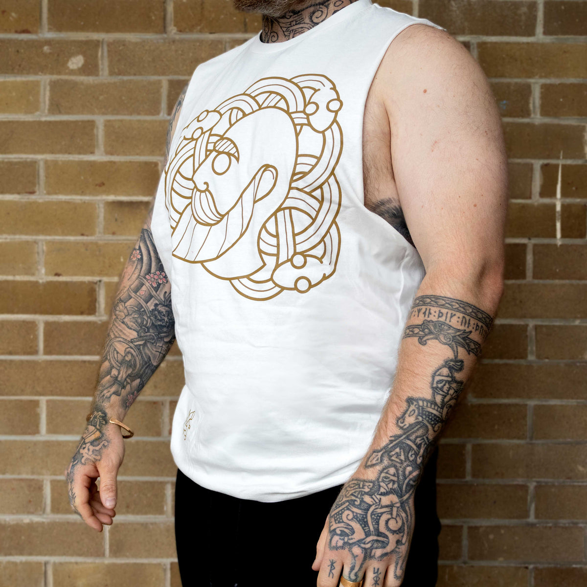 Ragnar and The Snakepit Sleeveless Tee (White with Gold Print)