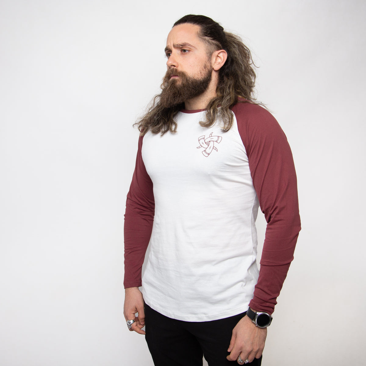 Baseball Tee (White and Port) Horns of Odin Logo on left breast, 100% Organic Cotton, Unisex 