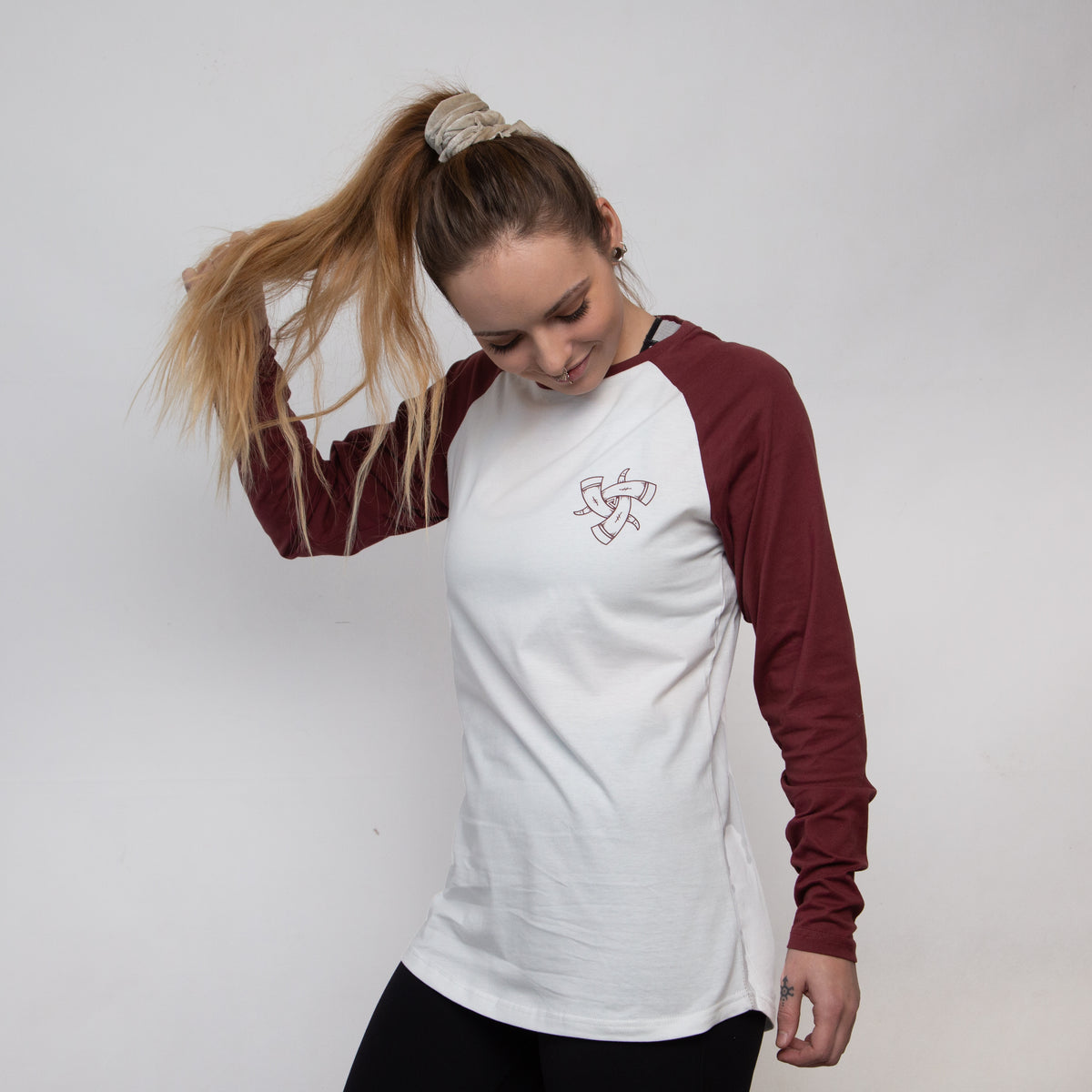 Baseball Tee (White and Port) Horns of Odin Logo on left breast, 100% Organic Cotton, Unisex