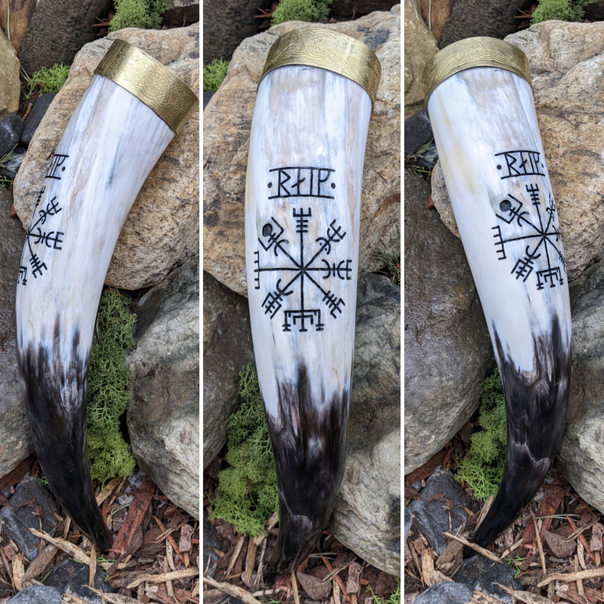 Vegvisir drinking horn- Name and Brass Rim