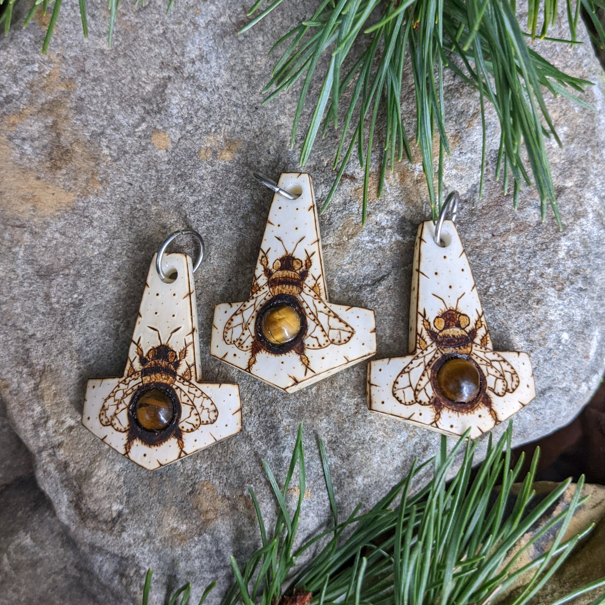 Buffalo bone Bee Mjölnir pendant with Tigers Eye Gemstone,