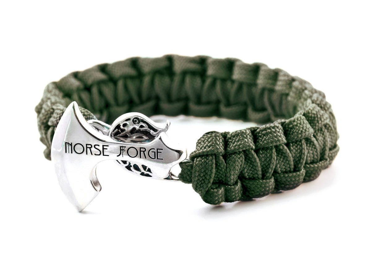 raided Silver Axe Head Bracelet, Green, lightweight nylon parachute cord band, fastened with a hand crafted Axe head.