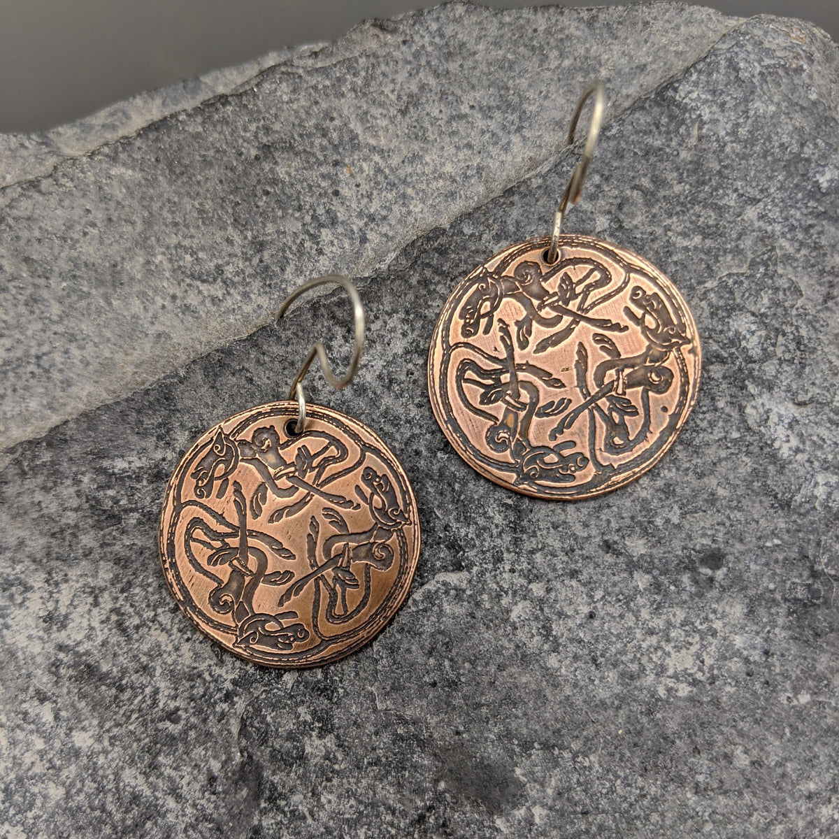 Freyja's Cat Earrings, Copper or Brass drop Earrings wit h a Norse Cat design 