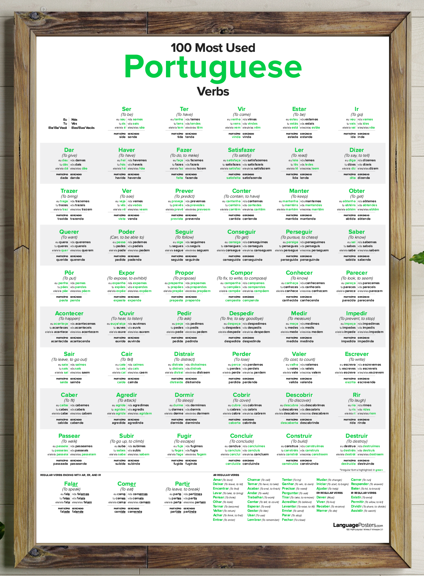 100 Most Used Portuguese Verbs Poster w/ Study Guide