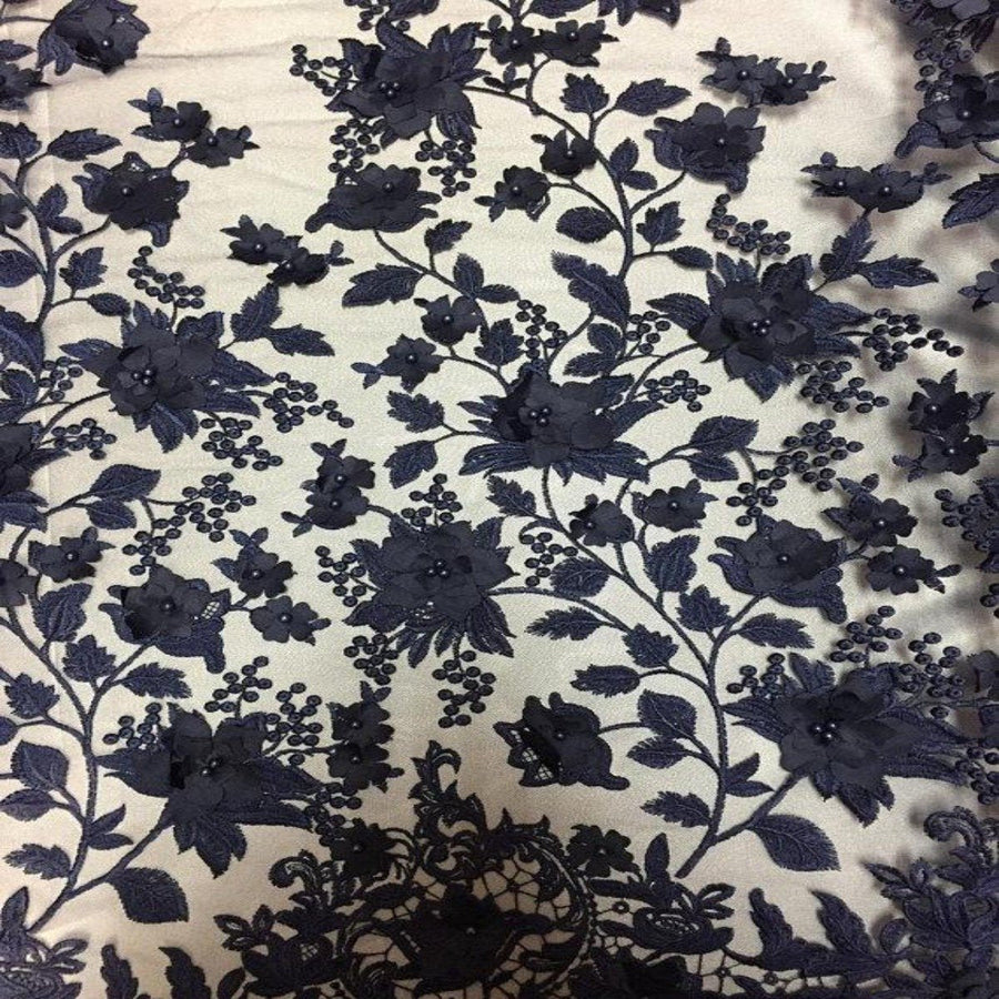 Navy Blue 3D Embroidered Satin Floral Pearl Lace Fabric - Fashion Fabrics LLC