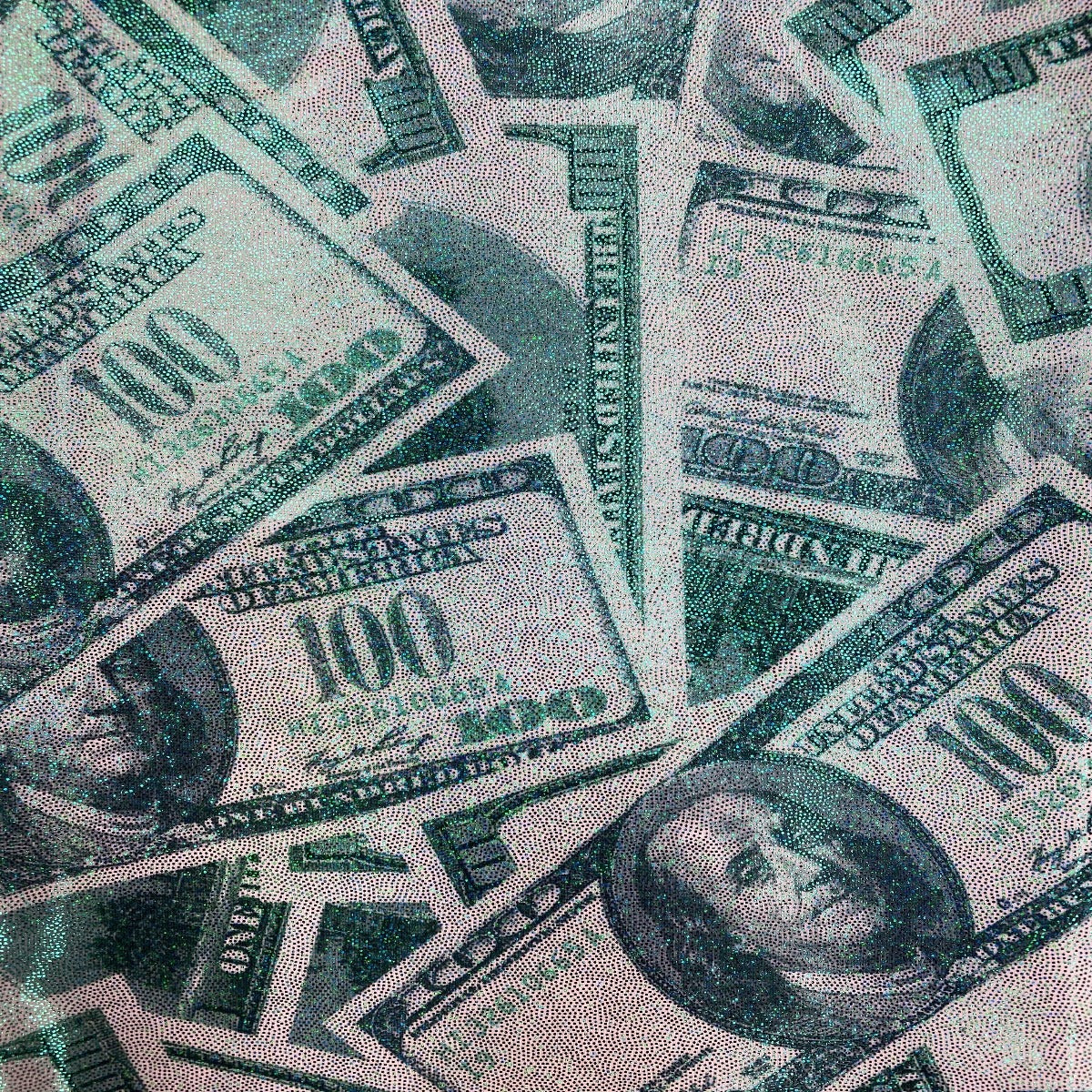 Money Print Fabric - Light Blue Metallic - 100 Dollar Bills Stretch Sp