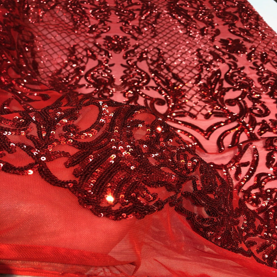 Red Luna Damask Stretch Sequins Wedding Prom Lace Fabric– Fashion ...