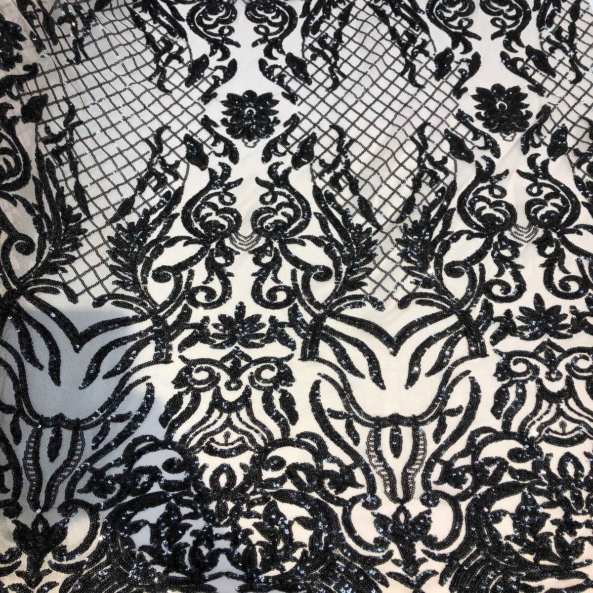 Black Alta Striped Damask Sequins Lace Fabric