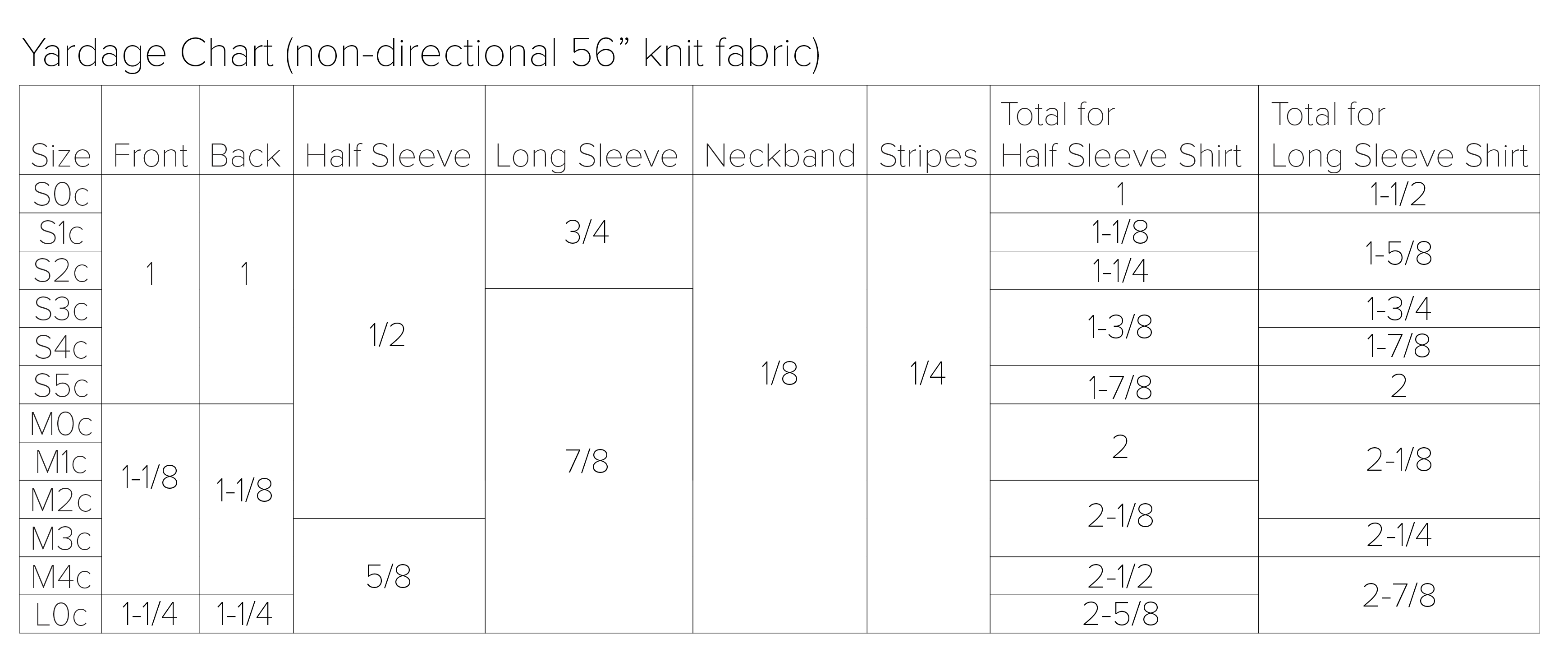 yardage chart for the side split hem tee