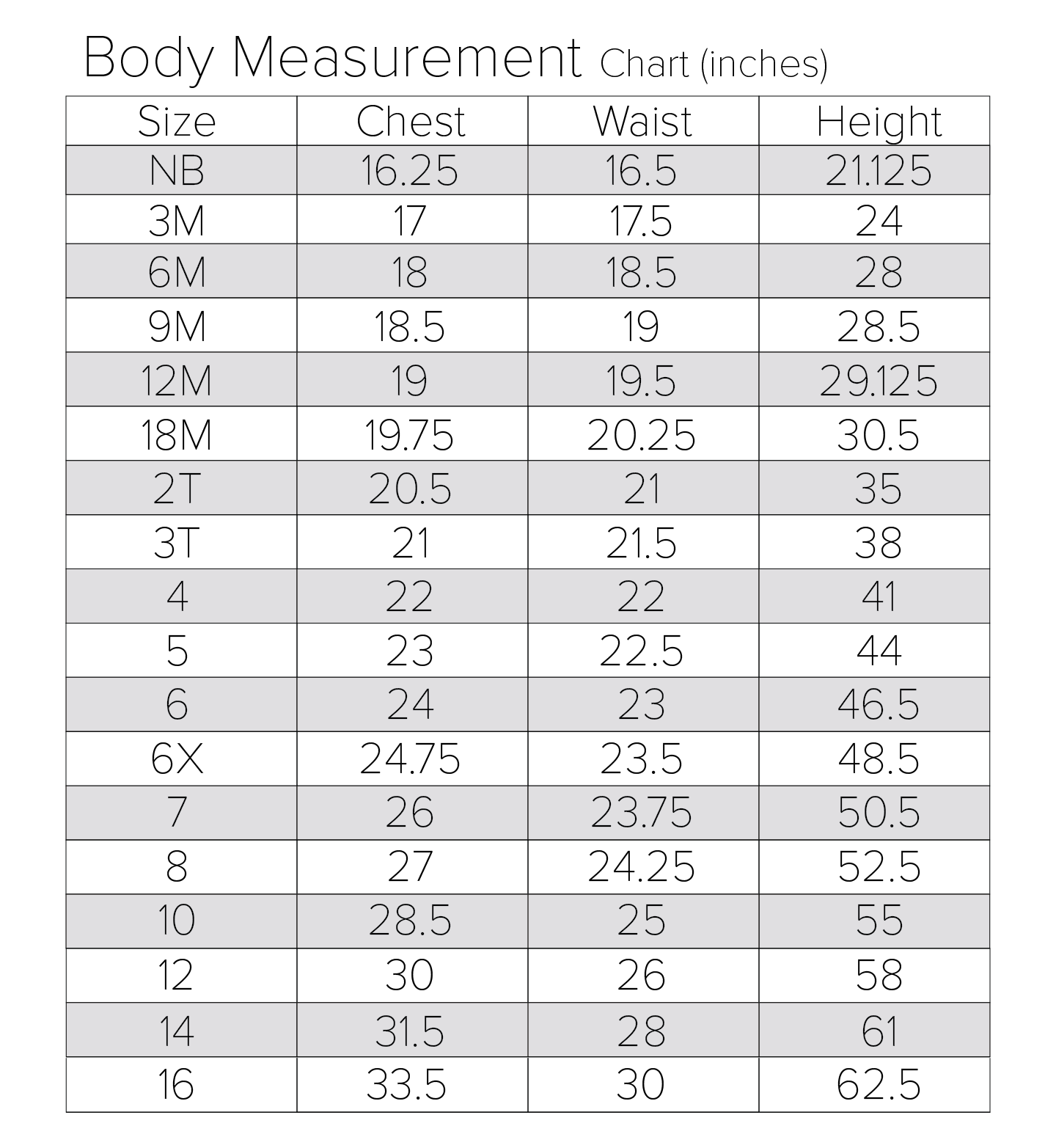 body measurement chart