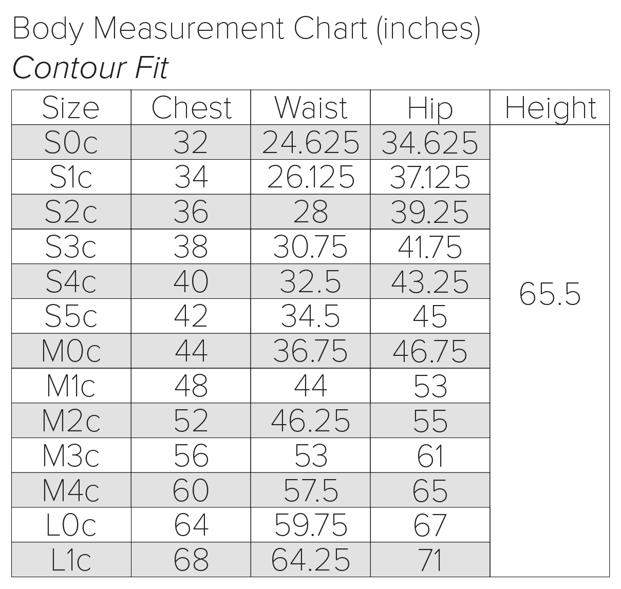 contour body frame size chart 68 inch bust to 32 inch bust