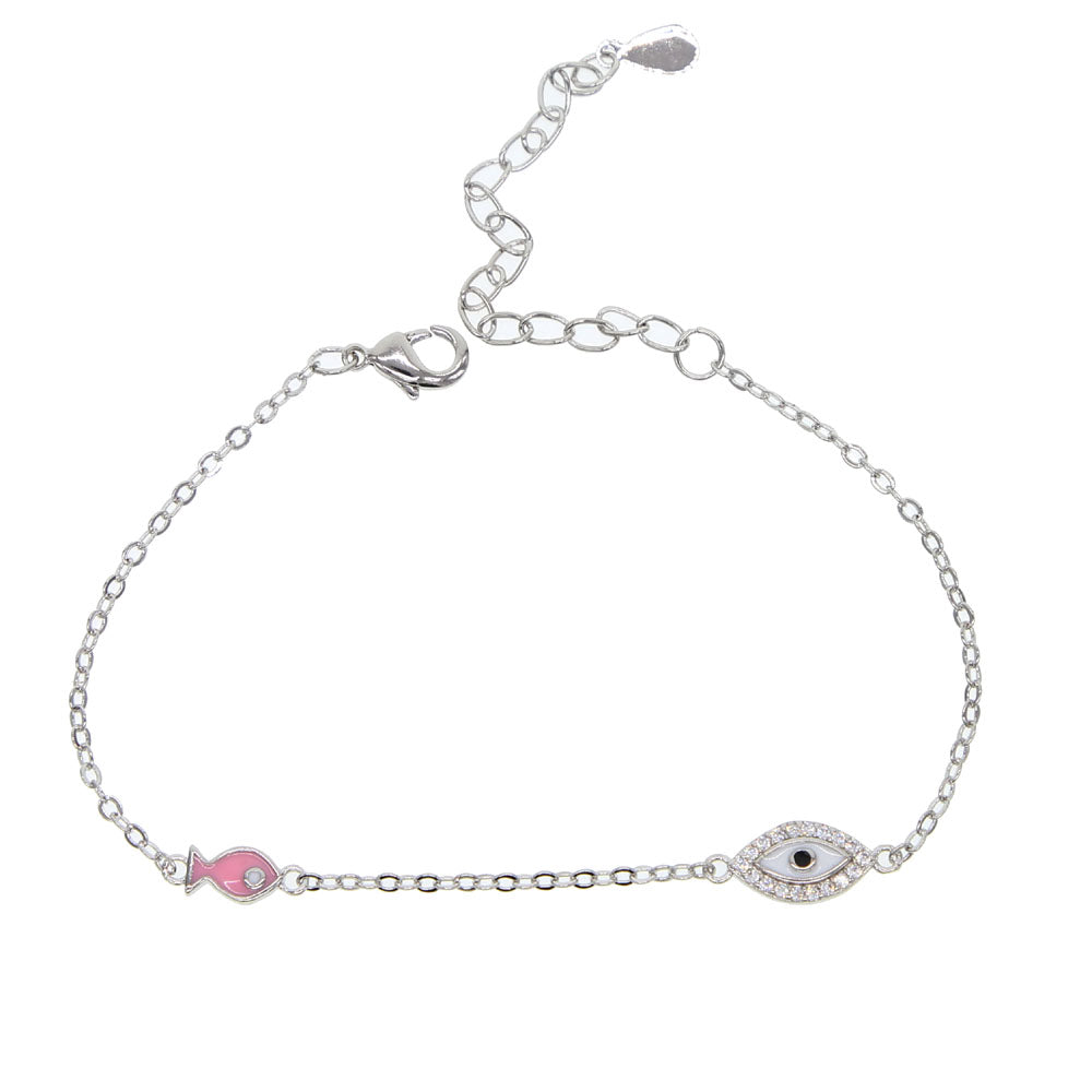 Enamel pink fish with evil eye charm bracelet