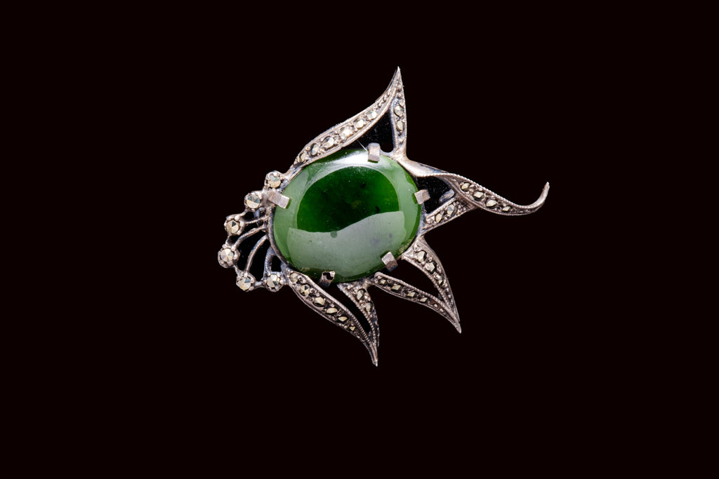Sterling Silver, Jade and Marcasite Brooch.