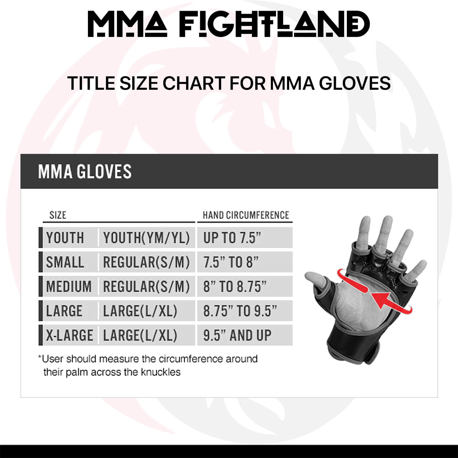 Grappling Gloves Size Chart