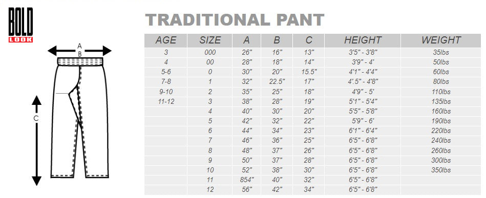 Bold Look Traditional Pants Size Chart