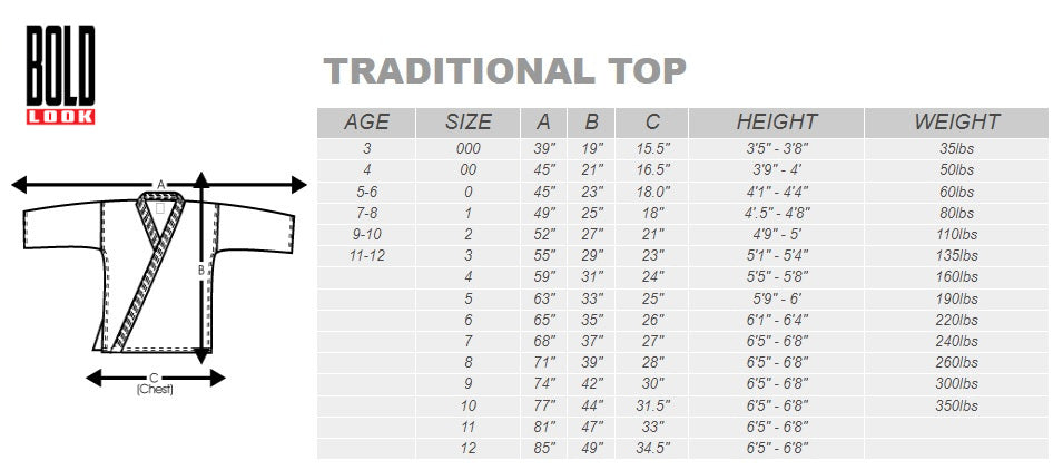 Bold Look Traditional Top Size Chart