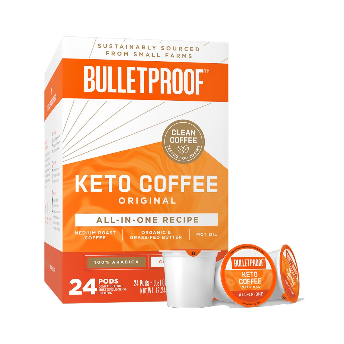 7 7 7 SUSTAINABLY SOURCED FROM SMALL FARMS CLEAN 1355 AN fire KETO COFFEE ORIGINAL ALL-IN-ONE RECIPE MEDIUM ROAST ORGANIC e COFFEE SEPIET GRASS-FED BUTTER L3 COFFEE ORIGINAL P R 