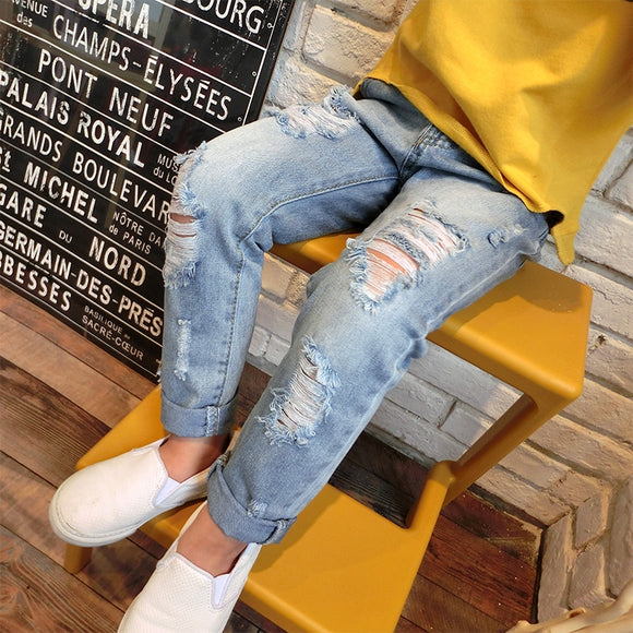 Boys & Girls Ripped Jeans Spring  Summer Fall Style 2018 Trend Denim Trousers For Kids  Children Distrressed Hole Pants - clickshup.com.au