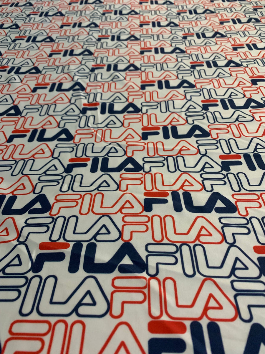 FILA-101 Designer Inspired FILA White Red Blue Logo Spandex Lycra Fabr – Humble Cloth