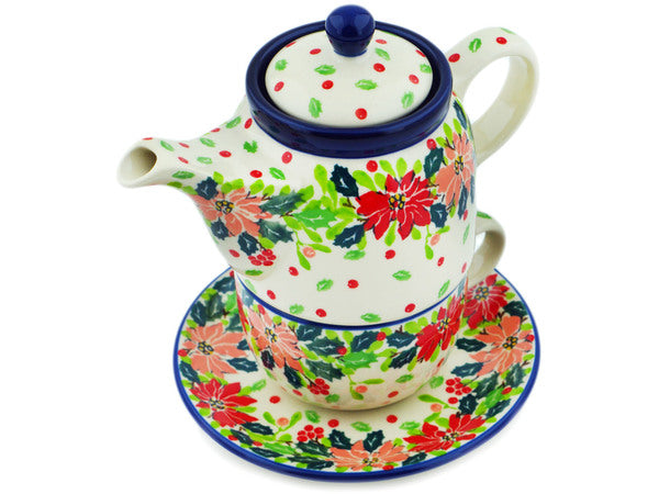 Polish Pottery 22 oz Tea Set for One Sweet Red Petals UNIKAT