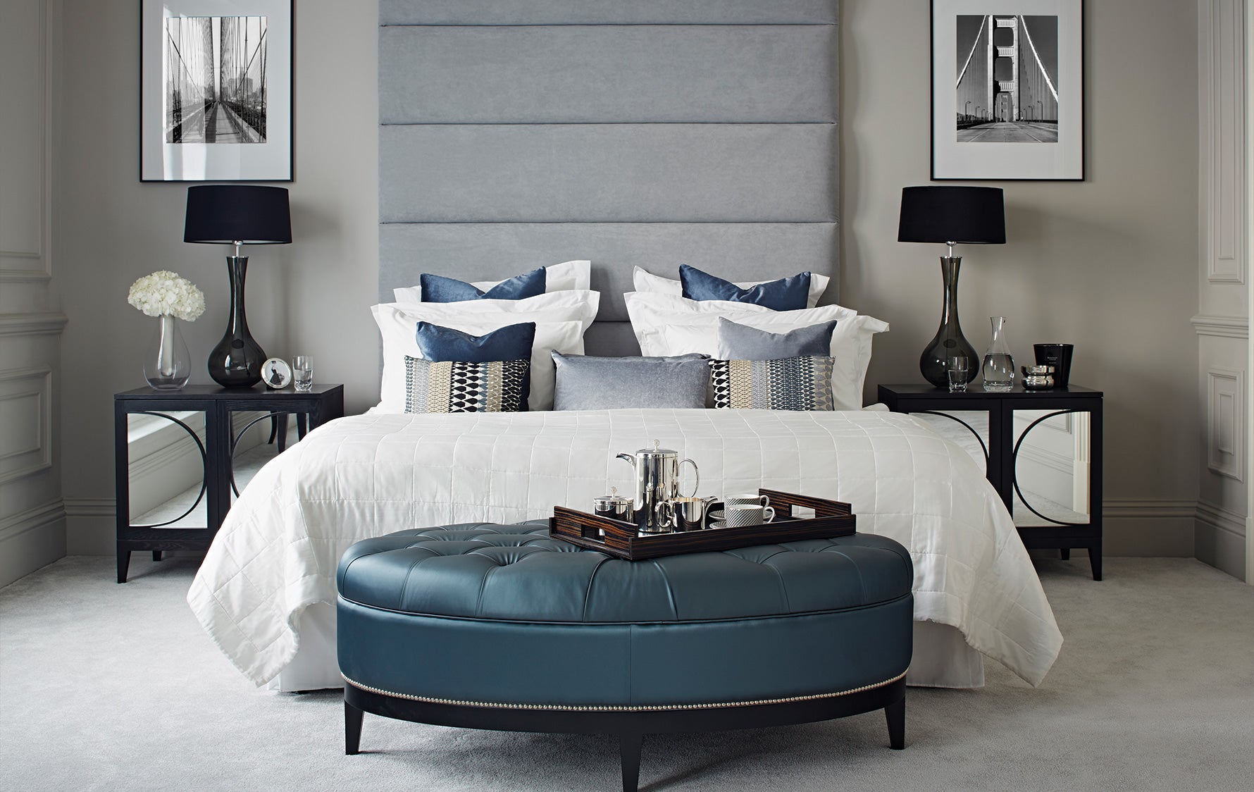 blue bedroom with grey furniture