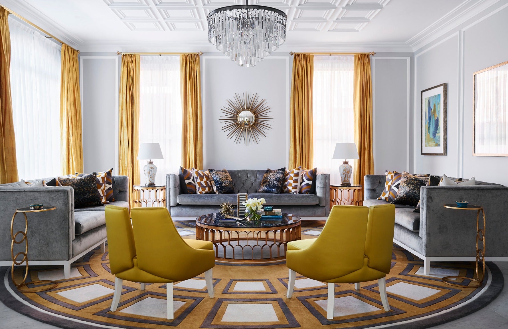 living room with yellow chair